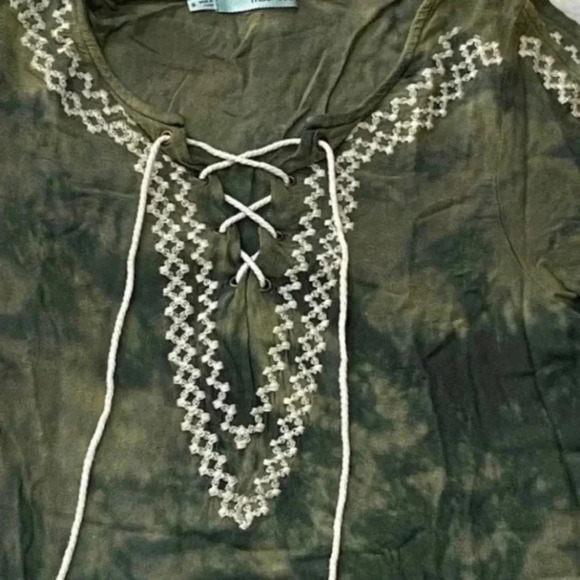 Green Tie‎ Dye Cropped Blouse Embroidered Tassels Peasant Boho Fairycore Small - Picture 5 of 12